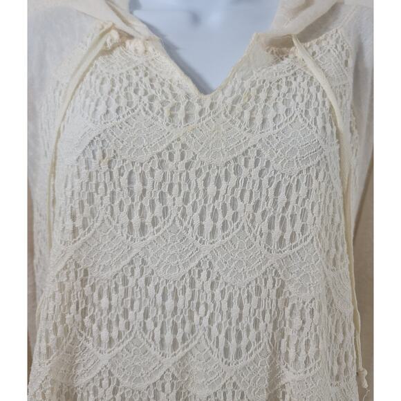 New Directions Cream Beige Lace Overlay Slub Knit Hoodie Top XL Lightweight Soft - Picture 5 of 5